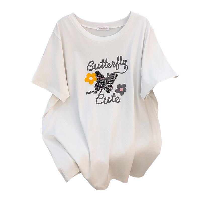 Plus Size Short-Sleeve Loose Mid-Length Round Neck T-Shirt for Women (200/300/350 Jin)