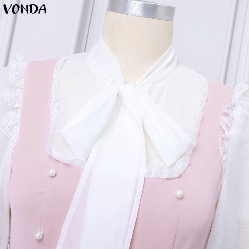 VONDA Elegant Women Long Sleeve Ruffled Bow Knot Patchwork Office Midi Dress