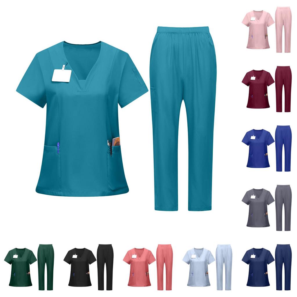 Damen-Uniformset mit V-Ausschnitt Kurzarm-Oberteil und Hose