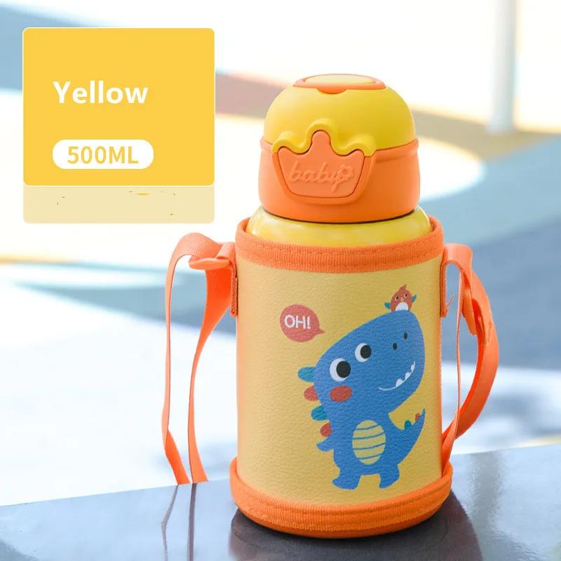 

500ml Kids Stainless Steel Thermos - Cute Straw Bottle, Leak-Proof BPA-Free Anti-fall with Leather Case for Toddlers/Students 500ml жовтий