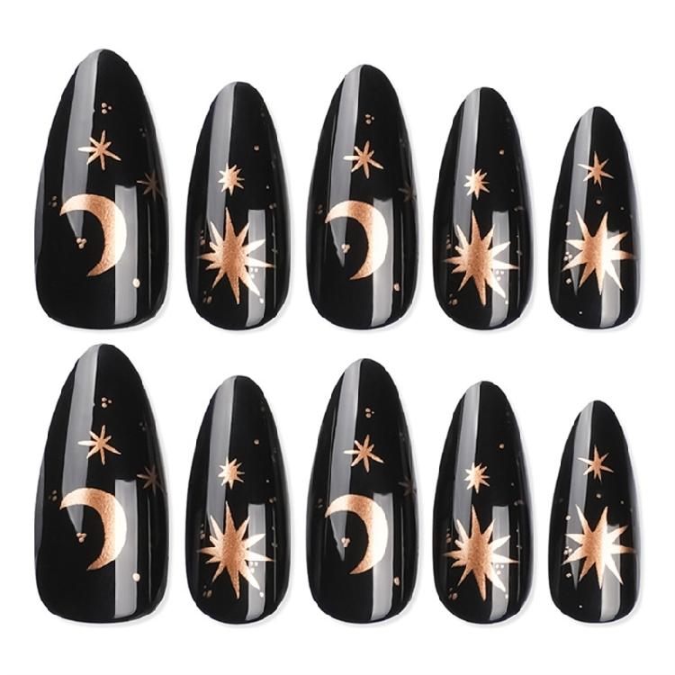 24pcs French Tip Press On Nail Almond Shape False Nail with Star Moon Designs Gothic Black Stick On Nail Gift for Women