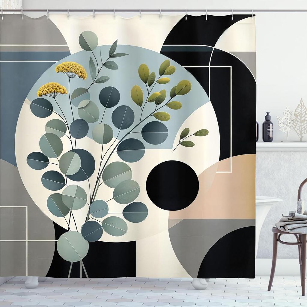 Eucalyptus Leaves Shower Curtain, Mid Century Modern Concept Botanical Motif in Cold Colors, Cloth Fabric Bathroom Dec