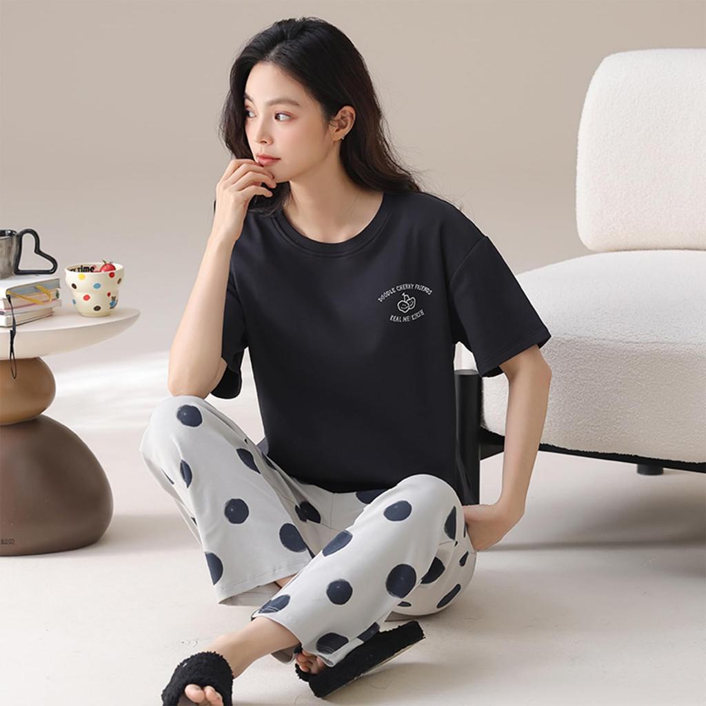 Kyonuza Summer Pajama Short Loose Long Relaxed School Size Women's Set, Sleeves, 111% Cotton, Breathable, Cool, Fit, Cute, Skin-Friendly,