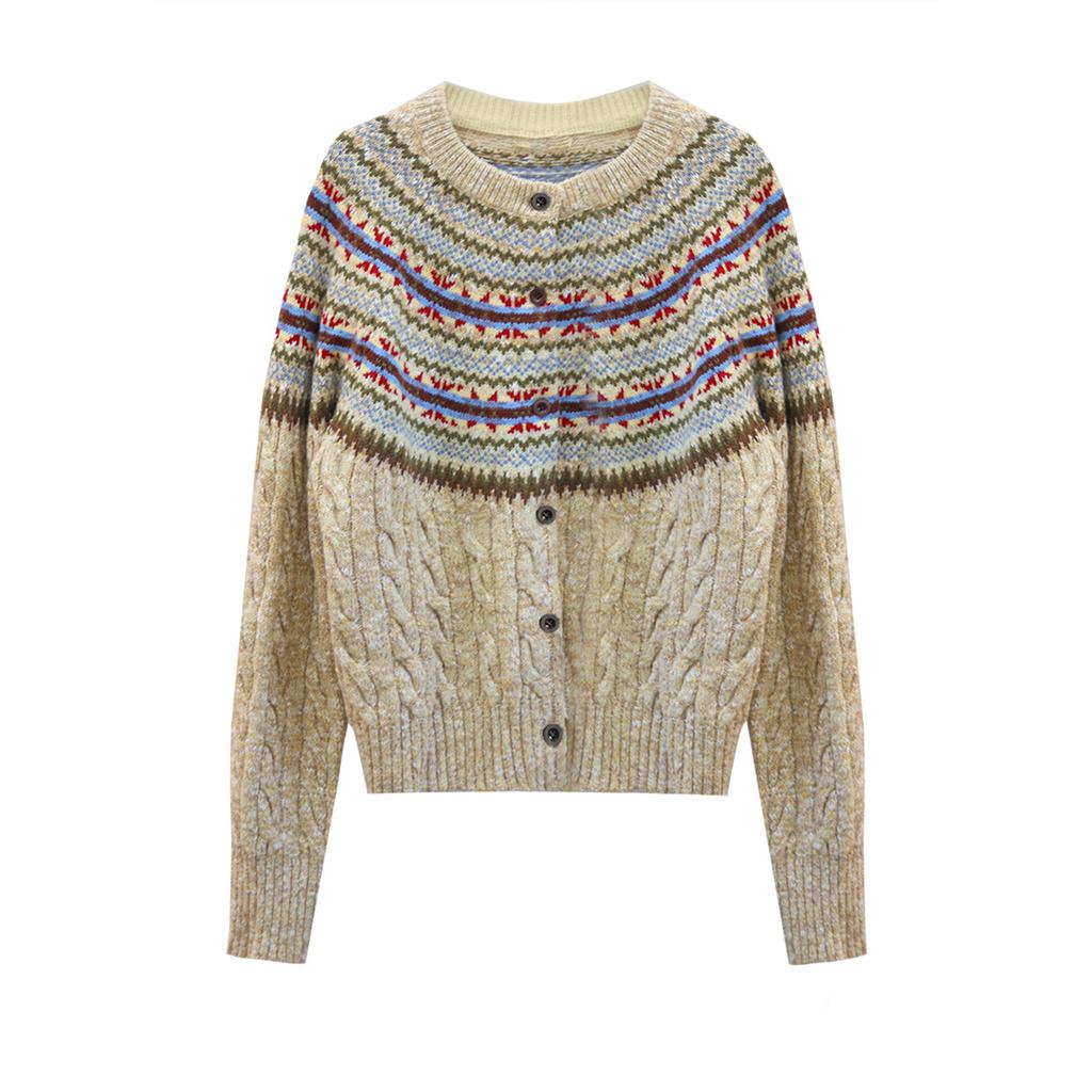 Vintage Wool-Cotton Cable Knit Cardigan – Mélange Fancy Yarn Winter Sweater, Round Neck, Long Sleeve