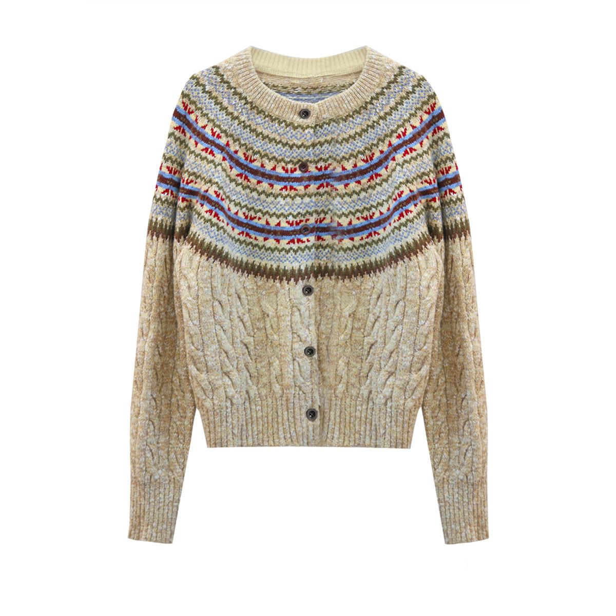 Vintage Wool-Cotton Cable Knit Cardigan – Mélange Fancy Yarn Winter Sweater, Round Neck, Long Sleeve S