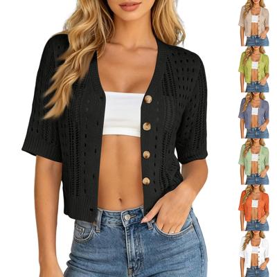 Dames Gebreide Openwerk Vest Korte Mouw Knopen aan de Voorkant Cropped Trui Casual Lichtgewicht Zomer Bovenkleding