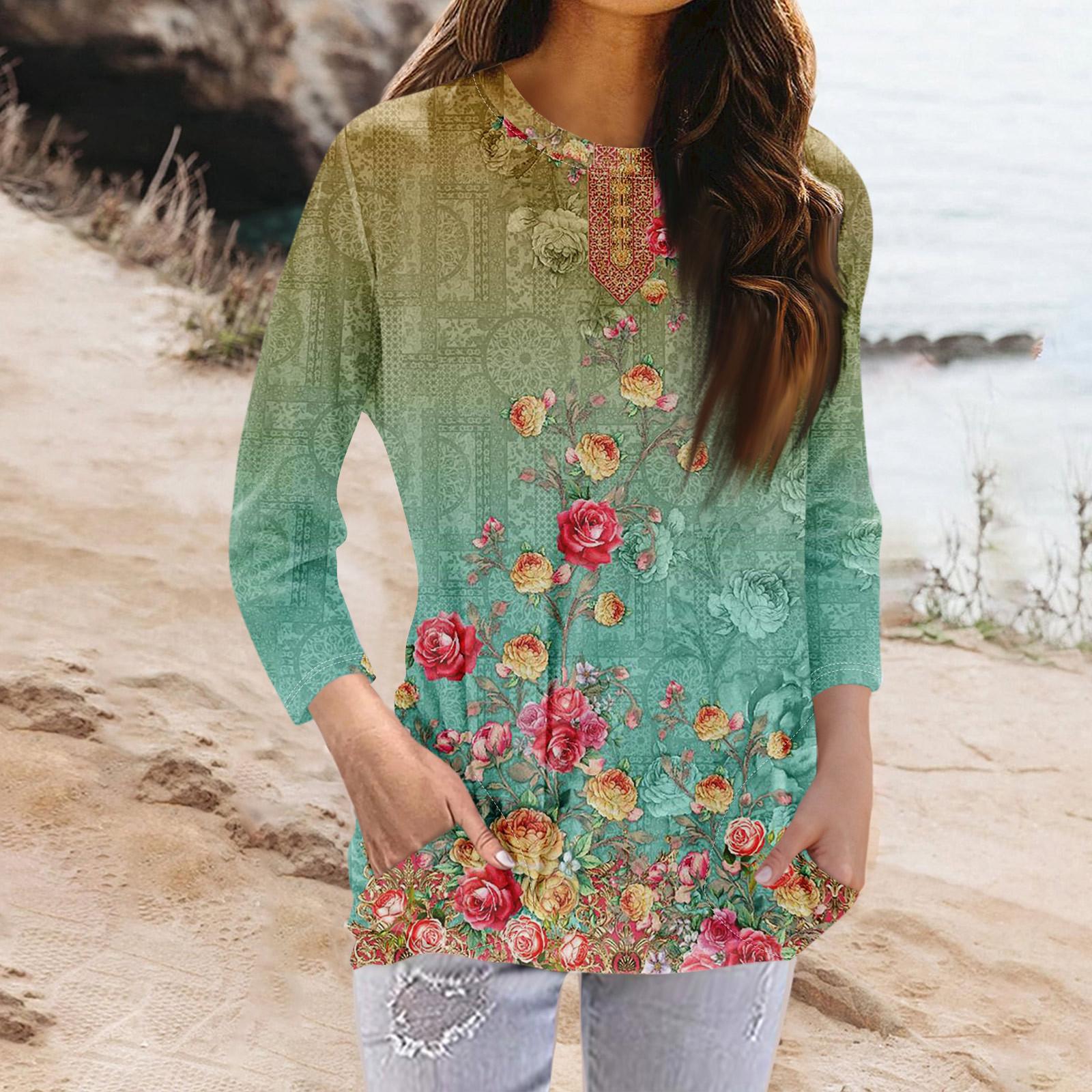 

Женская модная повседневная футболка с карманом и круглым вырезом с рукавами 3/4 и топом S циан