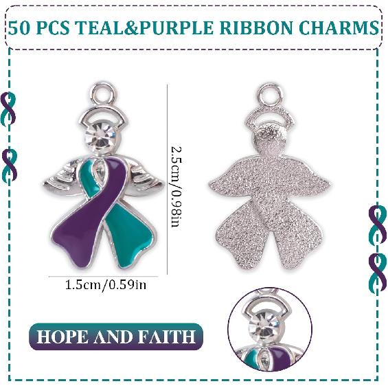WANDIC 50 ks přívěsků s mašličkou s diamantem, slitina přívěsků na podporu povědomí o rakovině s křídly, přívěsky s mašličkou naděje a víry, doplňky pro výrobu šperků