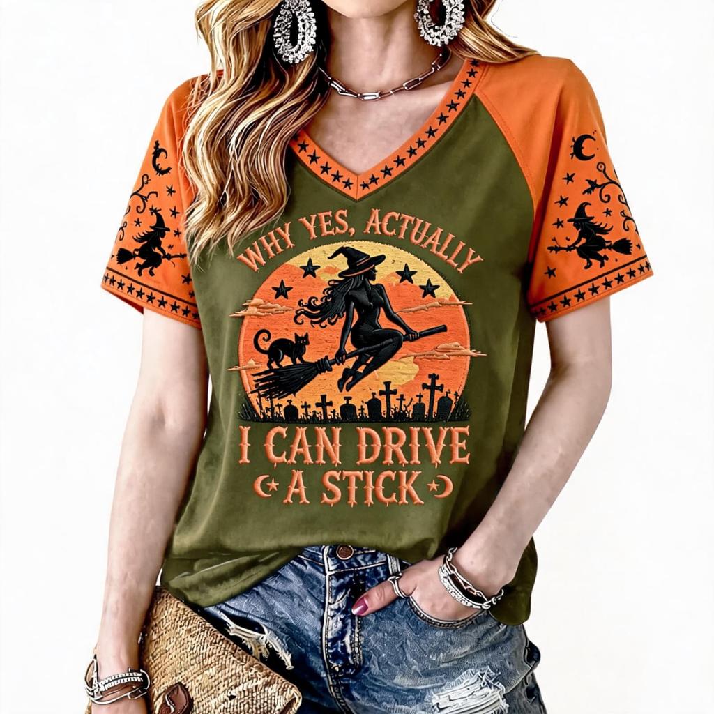 Women's Halloween Printed Raglan Short Sleeve T-Shirt