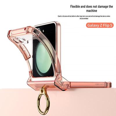 Samsung Z Flip 5 Hoesje met Airbag Scharnier, Transparante Effen Kleur, en Vingerringhouder.