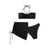 Three Piece Textured Bandeau Bikini Set with Drawstring Skirt and High Waist Bottoms for Women Swimwear
