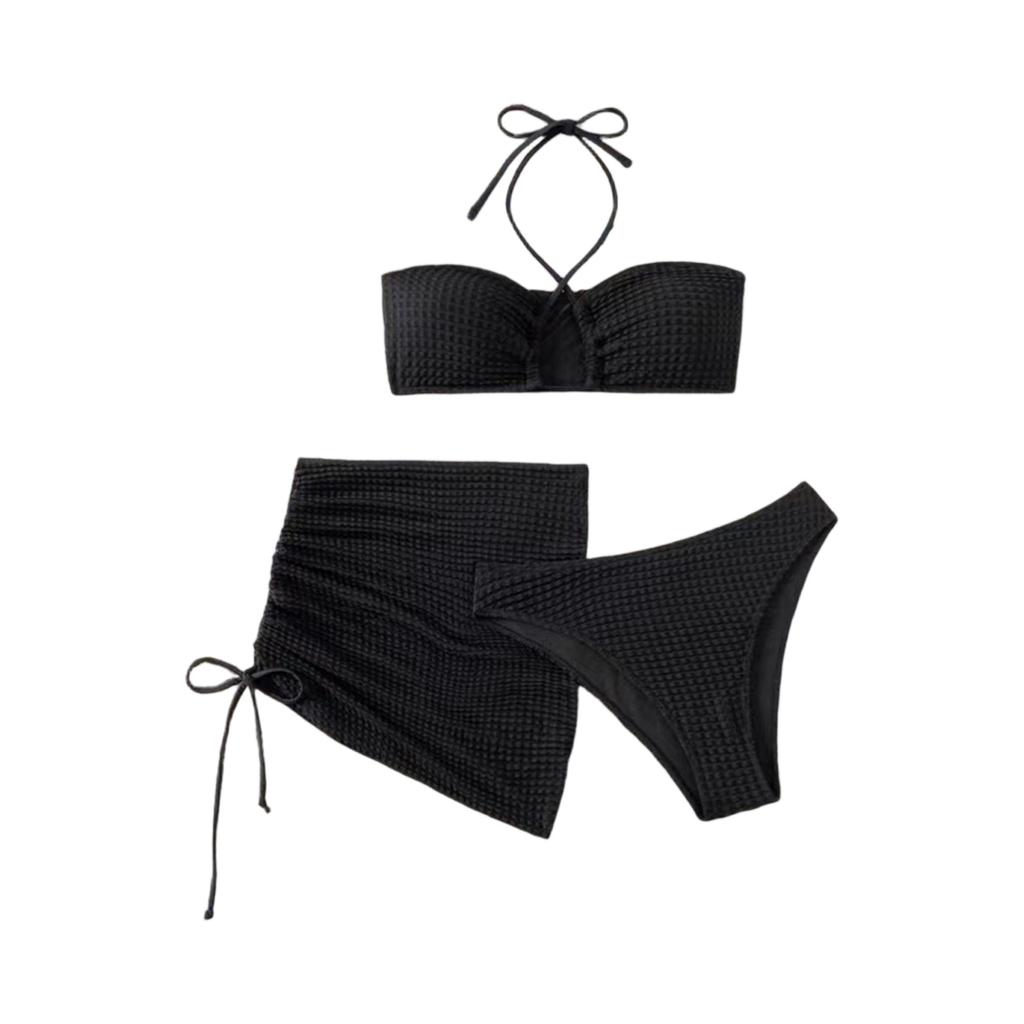 Three Piece Textured Bandeau Bikini Set with Drawstring Skirt and High Waist Bottoms for Women Swimwear
