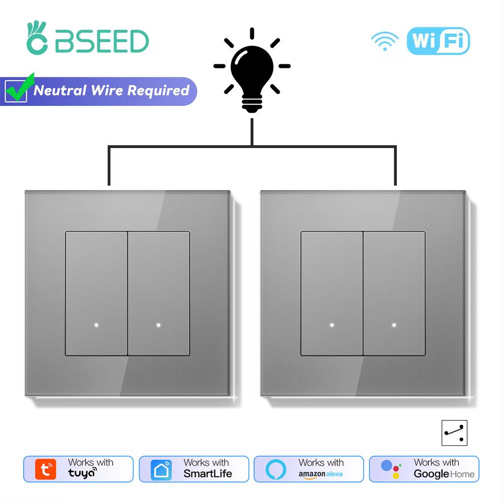 BSEED 1/2/3Gang Wifi Smart Wall Switches 2Way Tuya Smart Life Alexa Control For Stairs Corridor Mechanical Click Buttons 2Pack