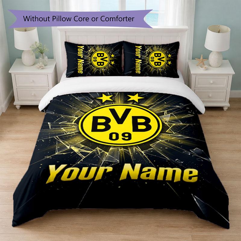 Borussia Dortmund Benutzerdefinierter Name Text Bettwäsche-Set 1 Bettbezug+2 Kissenbezüge Fußball-Logo Personalisierte Geschenkidee für besonderen Anlass Schlafzimmerdekoration
