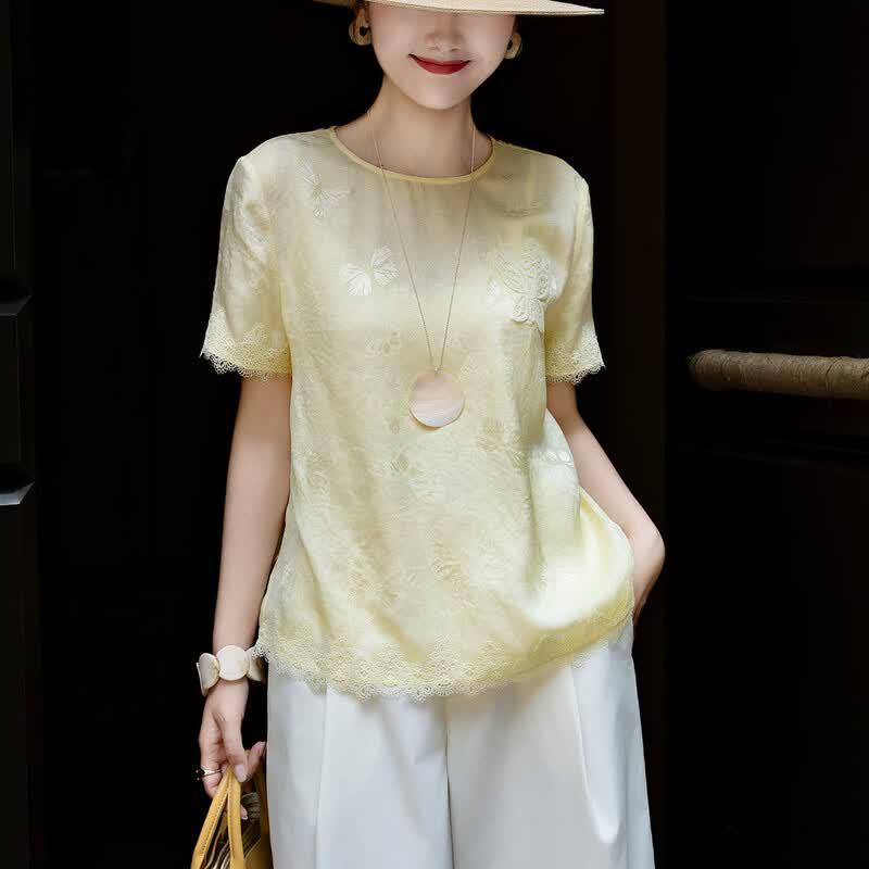 Lanser Women s Floral Jacquard Acetate Short Sleeve T-Shirt M