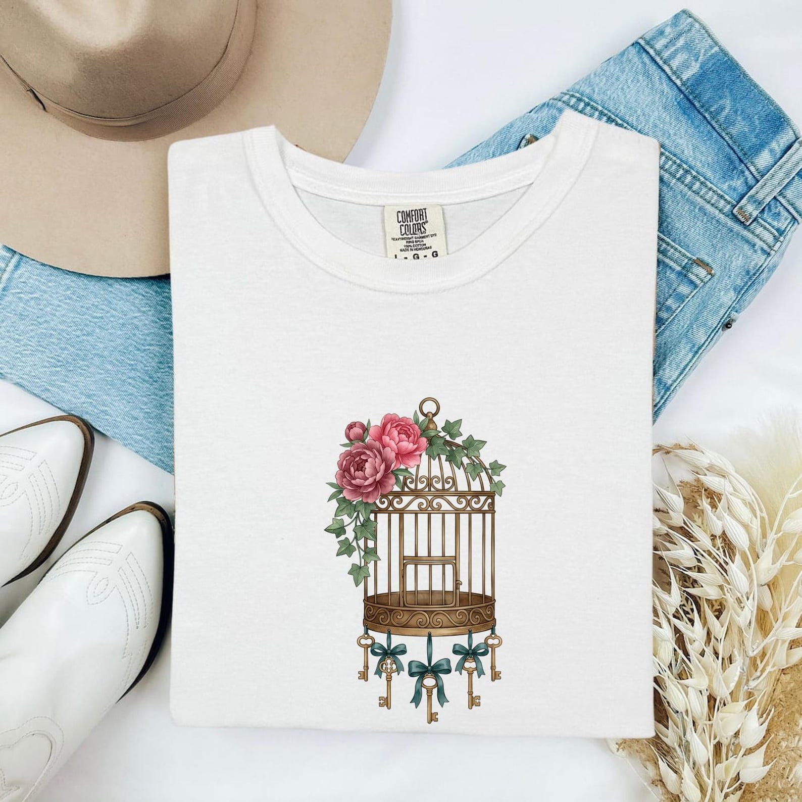 Bird Cage Flowers Shirt Boho Chic Flowers Gift Women Watercolor Tee Floral Arrangement T-Shirt Bohemian Fan Watercolour Tshirt Floral 3XL