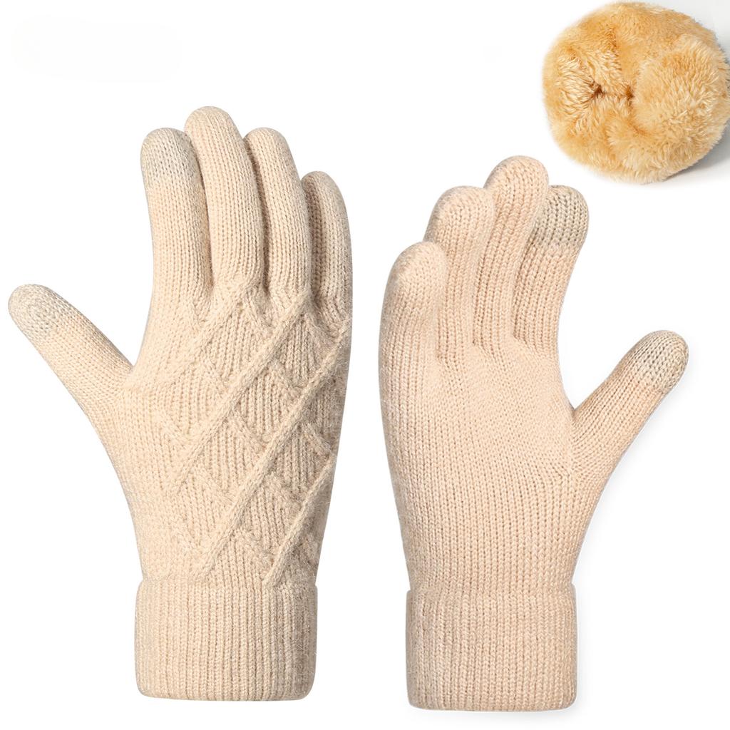Women's Autumn and Winter Knitted Gloves Double Layer Plus Velvet Thickened Warm Gloves Simple Jacquard Touch Screen Gloves