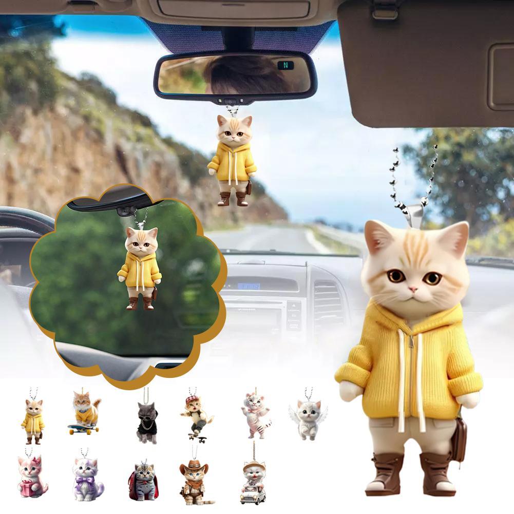 2D Acrylic Hanging Ornament Car Hanging Decor Rearview Mirror Decoration Cute Cat Key Pendant Car Interior Pendant
