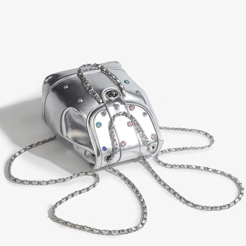 Chain Bag Women's Fashion Diamond Backpack Color Diamond Chain Backpack Large Capacity Bucket Backpack