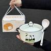 Bol instant noodles de valoare mare și drăguț, cu model panda, Bol ceramic pentru supă cu două mânere și capac, Bol instant noodles de capacitate mare pentru căminul studențesc