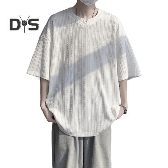 

Мужская футболка с V-образным вырезом, коротким рукавом, текстурой с переплетением, однотонная свободная посадка, повседневные топы из ледяного шелка, повседневная одежда L белый