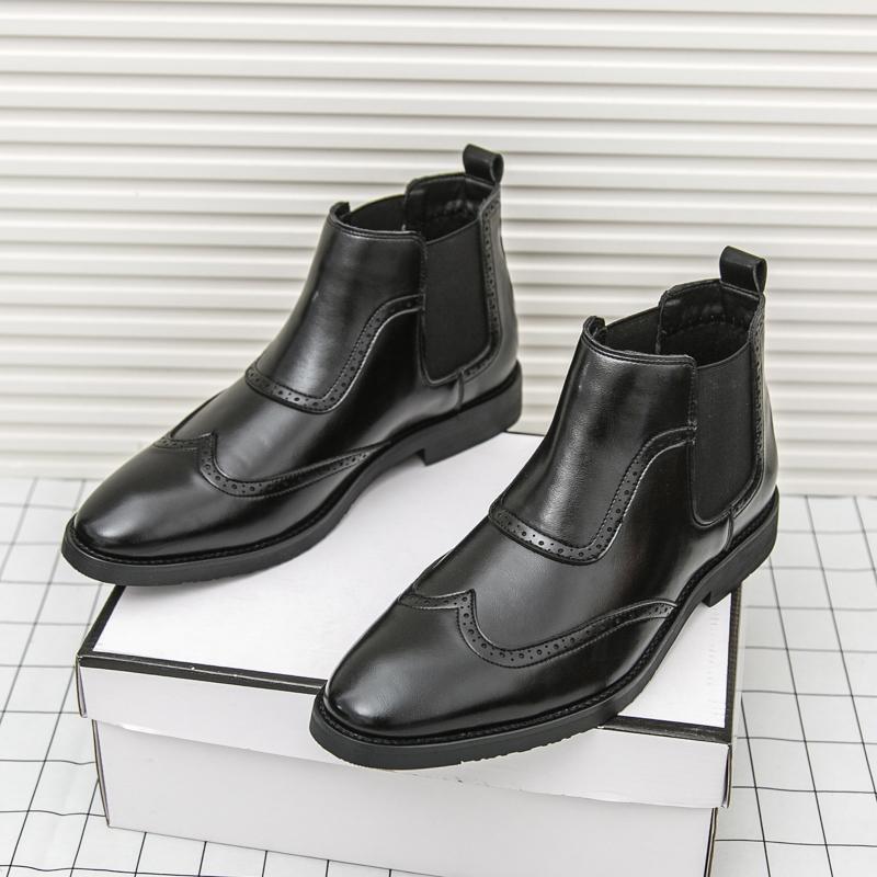 New Brand Designer Winter Pointed Leather Chelsea Brogues Ankle Boots For Men's  High Tops Black Brown Shoes Zapatos Hombre