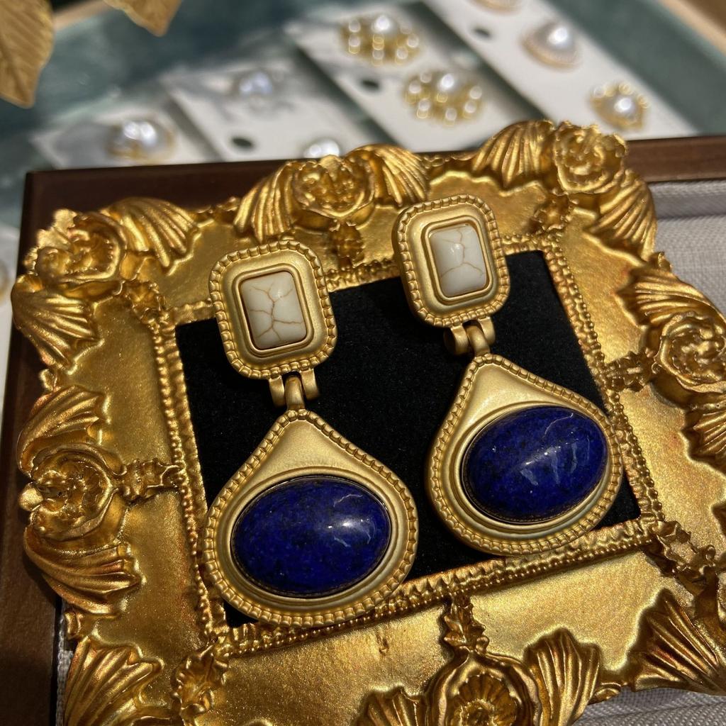 Medieval Vintage Electroplated Dumb Gold Retro Earrings Premium Sense French Natural Lapis Lazuli Water Drop Earrings Batch