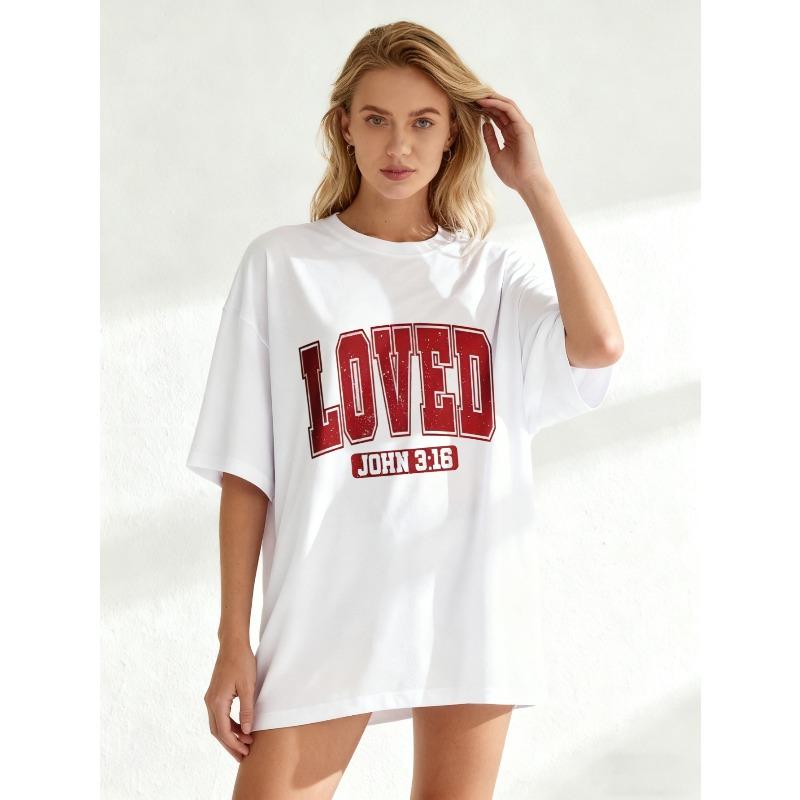 Women's Short-Sleeve T-Shirt with Retro Distressed Red "LOVED" Letter and "JOHN 3:16" Slogan Print