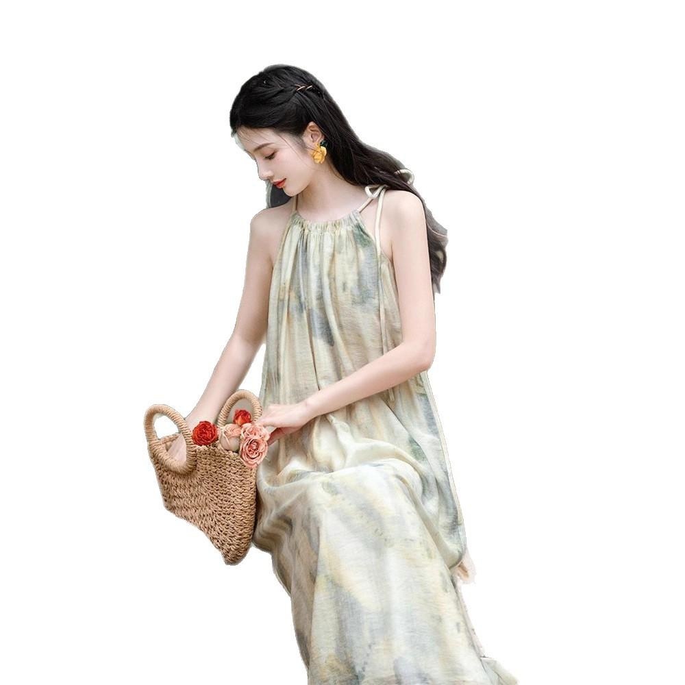 Sanya seaside skirt French loose temperament dress ink smudge printing suspenders holiday wind beach skirt summer