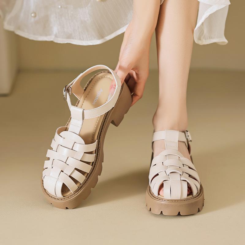 Augustine Roman sandals women's 2025 new summer white baotou pig cage shoes retro woven hollow sandals
