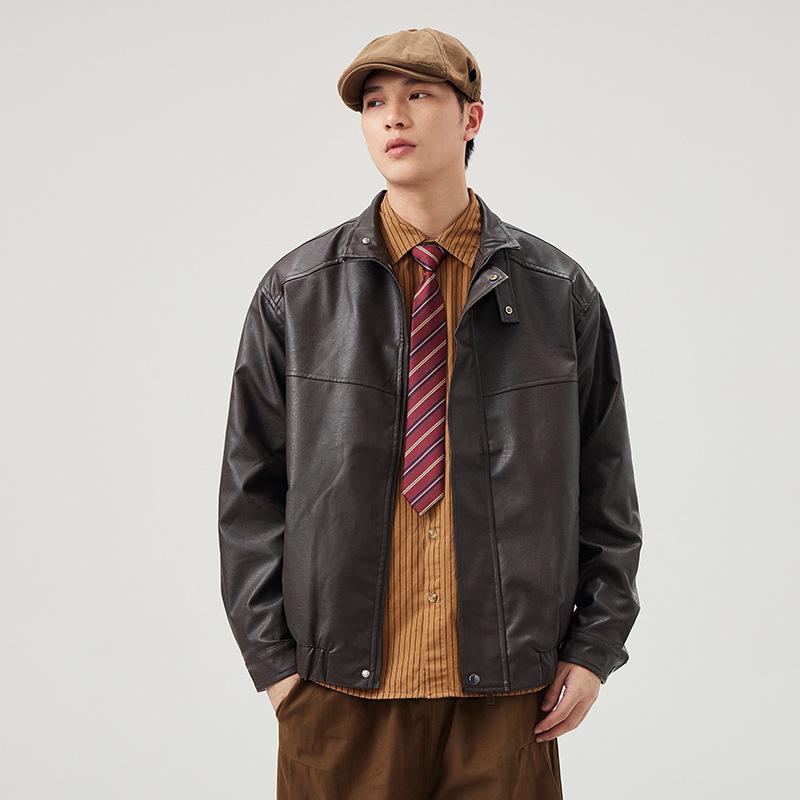 Vintage Solid Colour Versatile Pu Leather Jacket Men's Loose Large Size Stand-up Collar Biker Leather Jacket Casual Jacket