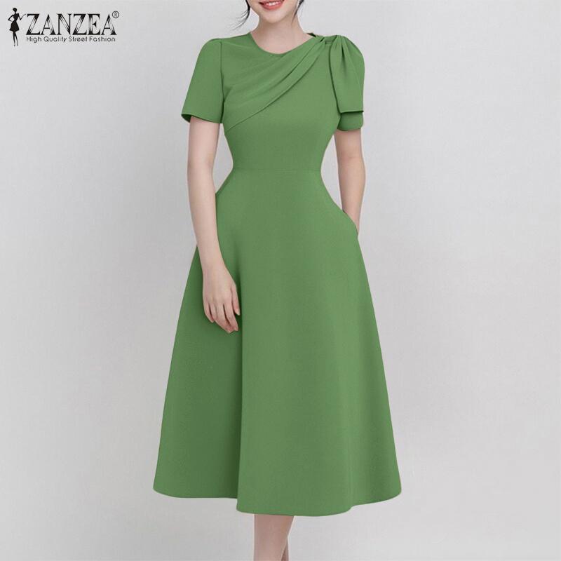 ZANZEA Women Casual Round Neck Summer Short Sleeve A-line Dress