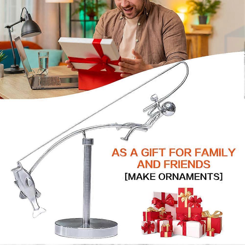 Kinetische Fischer-Balance-Skulptur - Schreibtisch-Dekoration für Zuhause und Büro, Stressabbau-Geschenk für Männer, für Angler und Angelfreunde