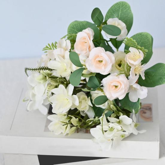 Artificial Rose Bouquet Fake Flowers with Eucalyptus Leaves Plastic Floral Arrangement for Wedding Bridal Bouquets Home Party Table Centerpiece