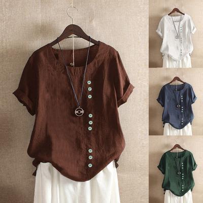 Womens Casual Loose Button Linen Plus Size Daily Boho Tanic T-shirt Blouse Tops