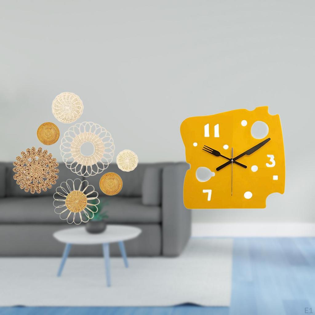 Rattan Woven Wall Art And Nordic Minimalist Cheese Clock Decorative Ornaments for Bedroom Hallway