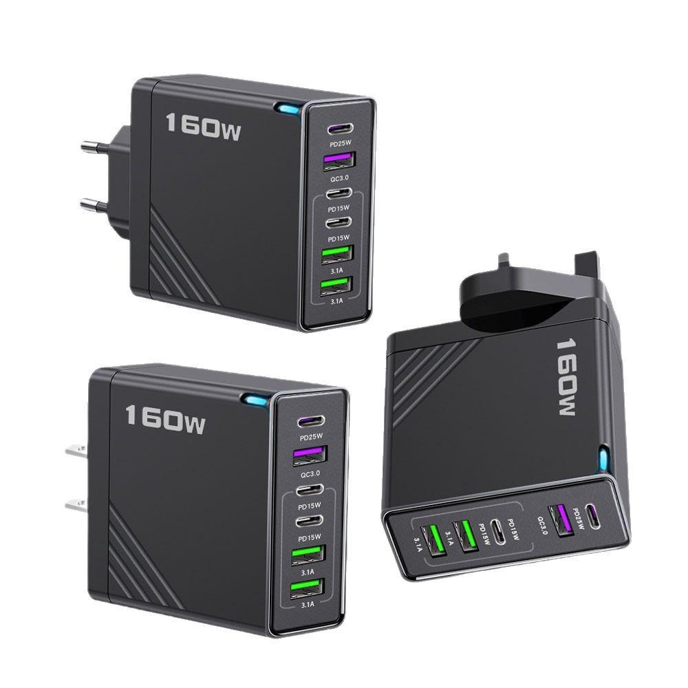 6-in-1 Multi-Port Charger: 3-Socket & 3-USB, 5V/3.1A, 160W, EU/US/UK Plug Adapter