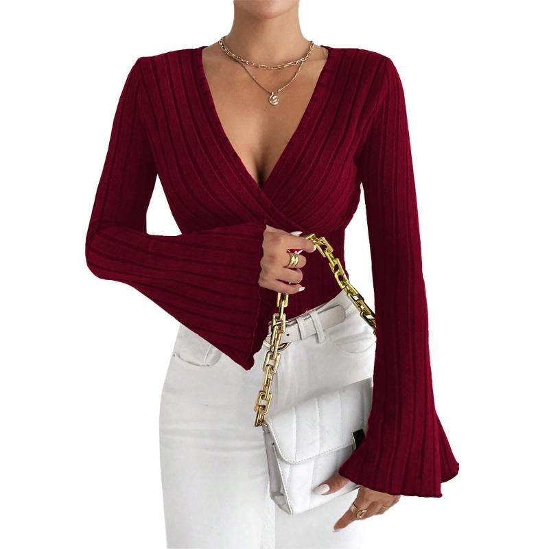 2025 New Women's European and American V-neck Flared Sleeve Burgundy T-shirt Autumn and Winter Slim-fit Bottoming Shirt Top