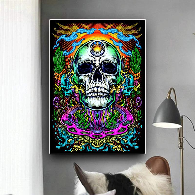 Psychedelic Skull Mushroom Lion Poster Print Canvas Painting Abstract Wall Art Picture For Living Room Home Decor Cuadros