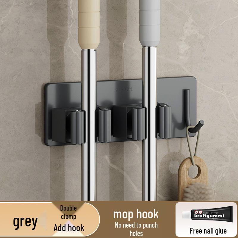 304 Stainless Steel No-Punch Mop and Broom Hook for Bathroom Storage