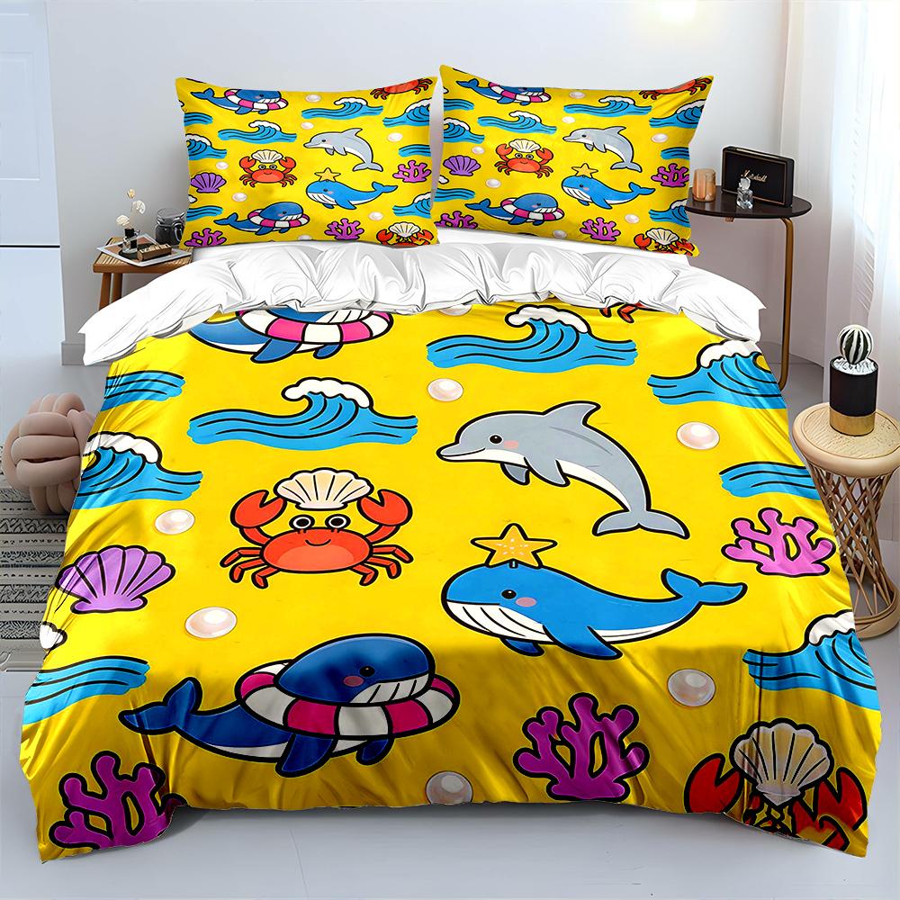 3PC Cartoon Sea Animal Pattern Print Bedding Set 1 Duvet Cover 2 Pillowcases for Adult and Children Luxury Gift Full Size