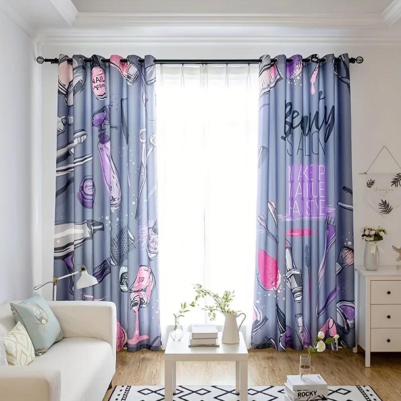 3D 2pcs Curtains For Beauty Salons Simple Red Lips Makeup Brush Grommet Top Fabric Curtains Decor For Living Room Office Home D