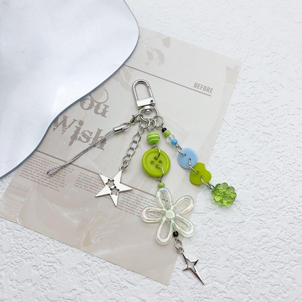 Summer Lucky Grass Phone Charms Green Four-leaf Clover Beaded Keychain Jewelry Accessories   Girls