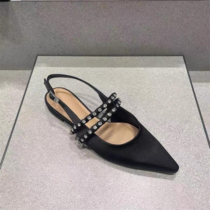 Fashion black pink silk slingback sandals women designer pointed toe crystal band summer shoes woman back strap sandalias mujer size 43