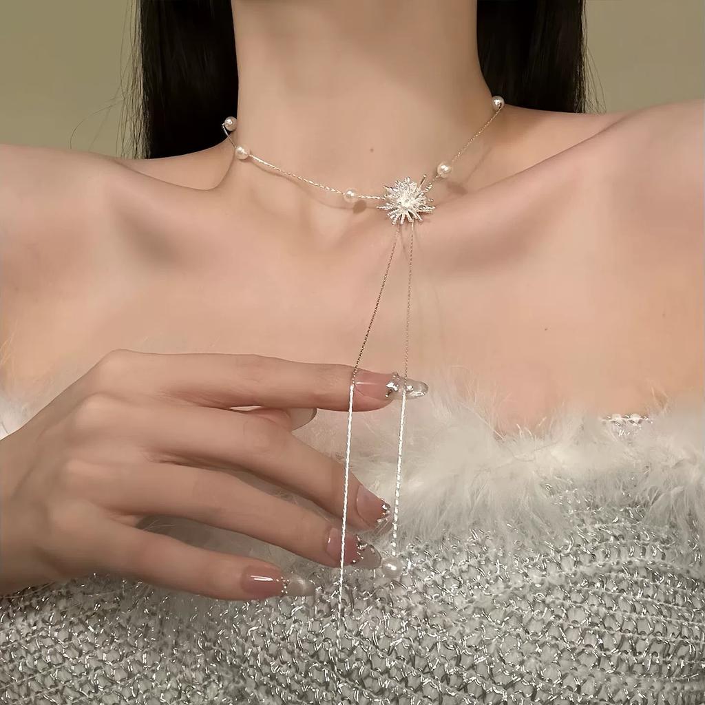 Rhinestone Firework Pearl Pull Adjustable Necklace, Light Luxury Long Sweater Chain, Christmas Choker