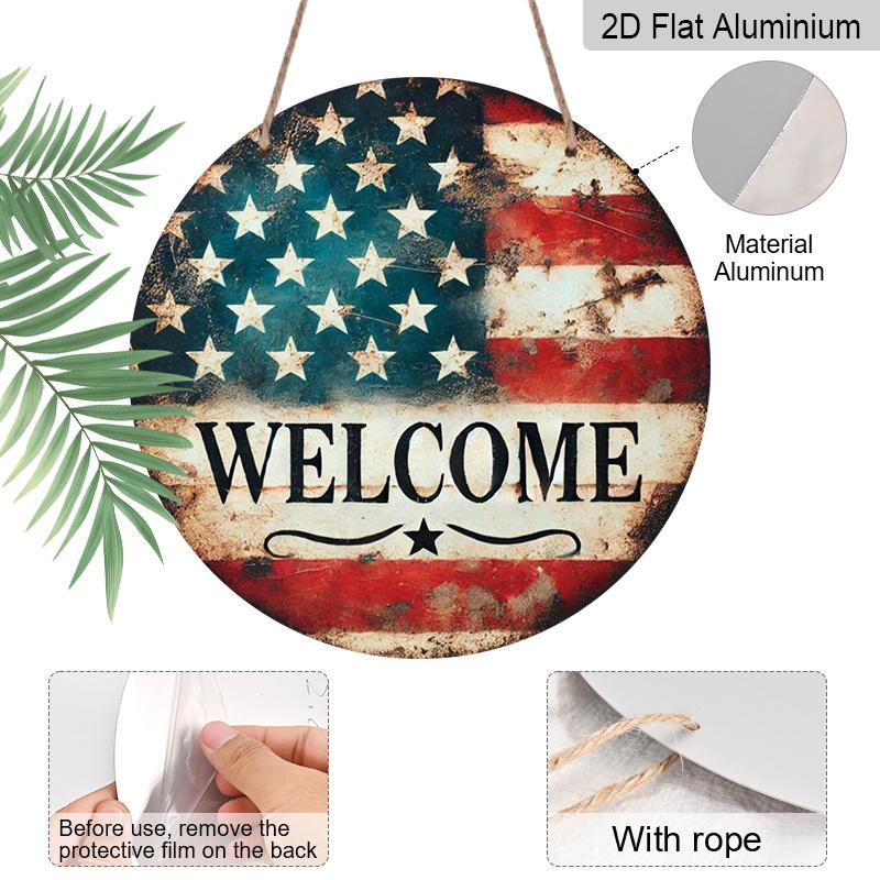 2D Flat 1pc, 8x8 In, Round Printed Aluminum Metal Sign, Welcome Sign with The American Flag, Home Gift Window Decoration, for Porch, Room, Home, Wall