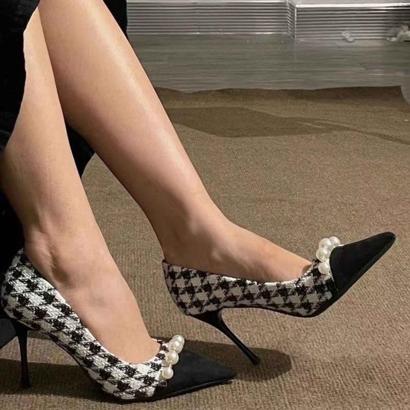 Fashion Houndstooth High Heels Women's Stiletto 2025 Spring and Autumn New Temperament Pearl Chain Pointed Toe Single Shoes