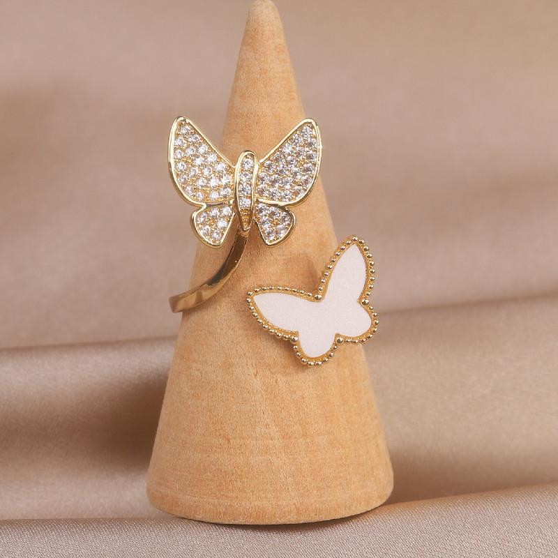 Fashion Jewelry 14K Real Gold Plating Double Butterfly Acrylic Zircon Ring Elegant Women's Daily Opening Adjustable Ring