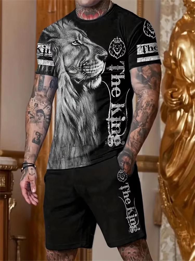 3D Printed Lion Round Neck Short Sleeve Suit - Trendy Brand