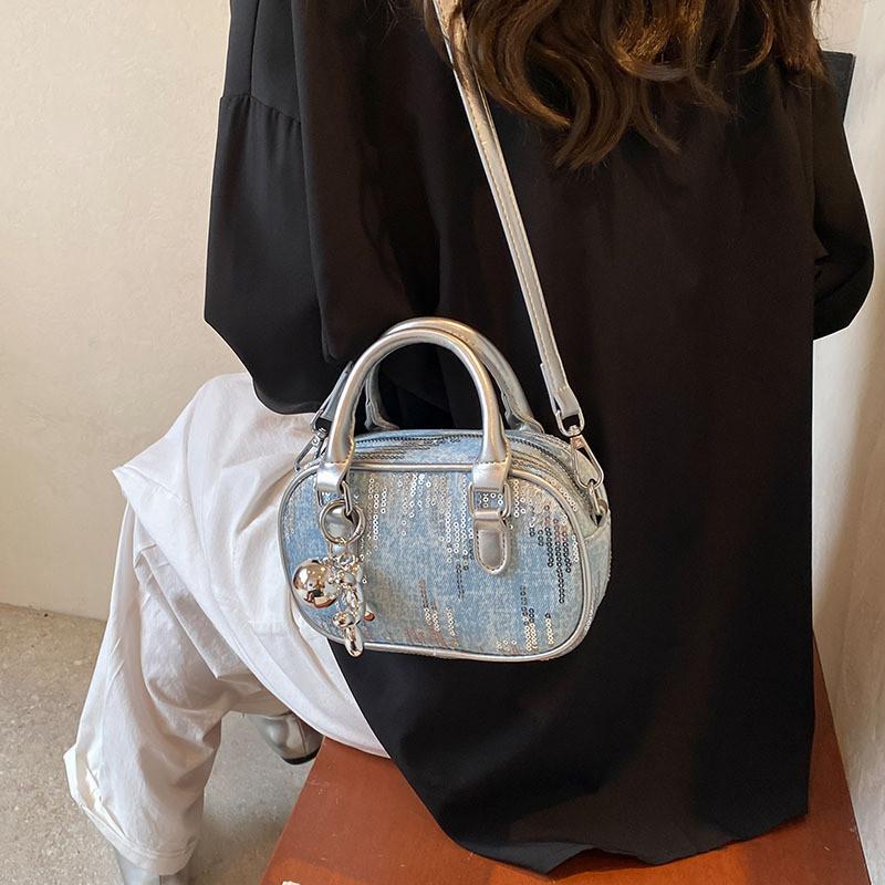 IELGY Korean Style Denim Sequined Portable Bowling Bag Contrast Color One-Shoulder Messenger Small Square Bag